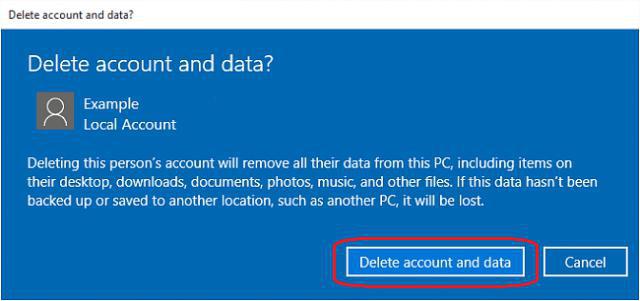 elimina un account utente in Windows 10 